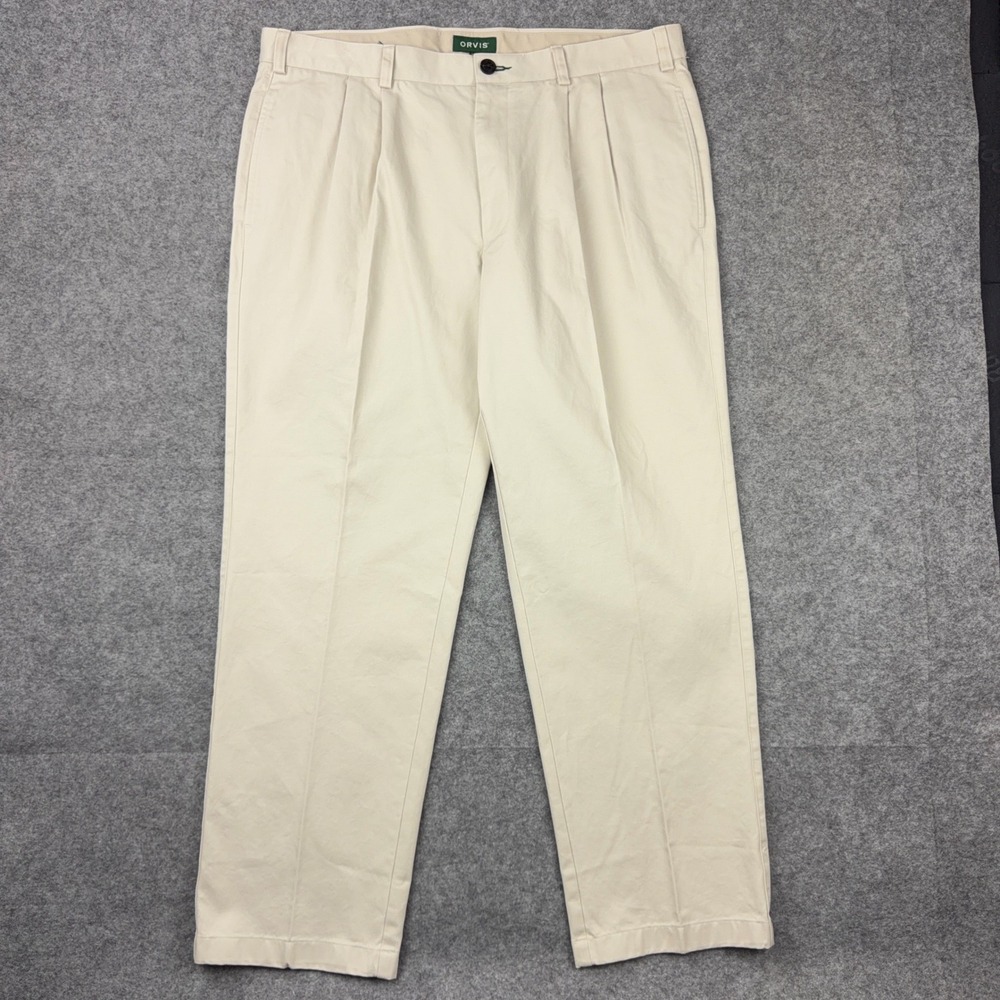 Orvis Chino Pants Mens 38x30 Beige Khaki Pleated Cotton Twill Casual Fly Fishing